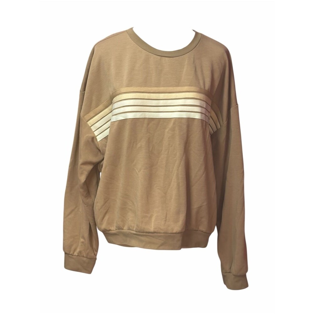 AEMI + CO Tan Striped Crewneck Sweatshirt Oversized Lounge Pullover Large